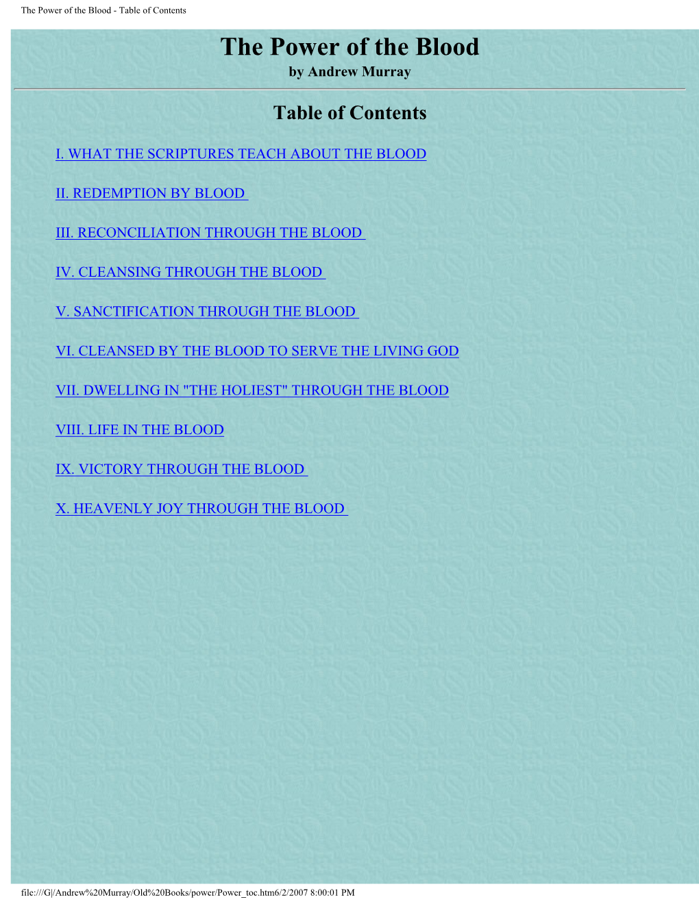 The Power of the Blood - Table of Contents the Power of the Blood by Andrew Murray