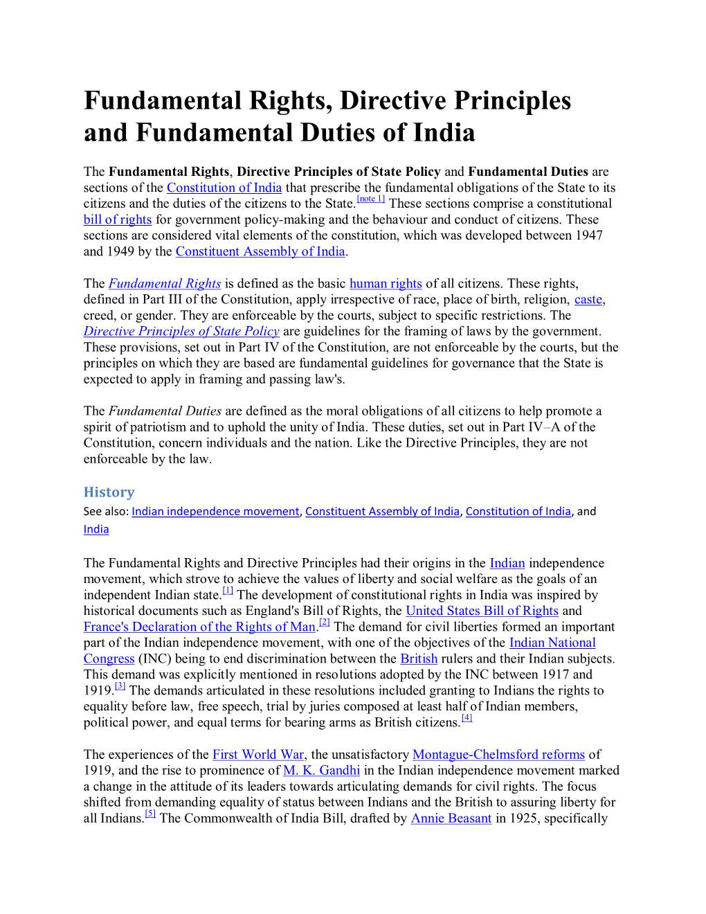 Fundamental Rights, Directive Principles and Fundamental Duties of India