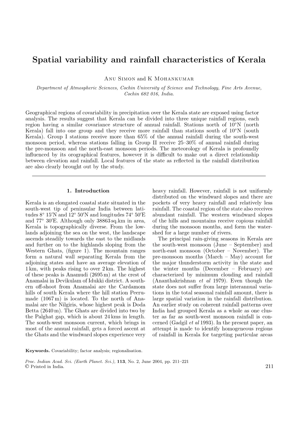 Spatial Variability and Rainfall Characteristics of Kerala