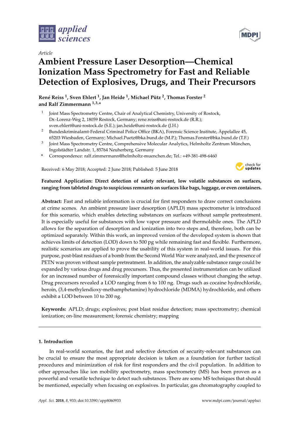 Ambient Pressure Laser Desorption—Chemical Ionization Mass Spectrometry for Fast and Reliable Detection of Explosives, Drugs, and Their Precursors