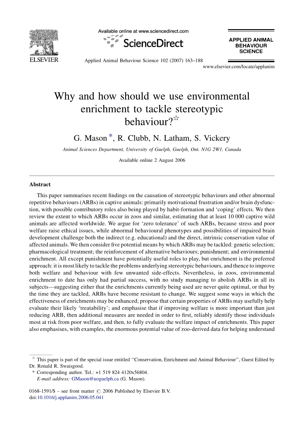 Why and How Should We Use Environmental Enrichment to Tackle Stereotypic Behaviour?§ G