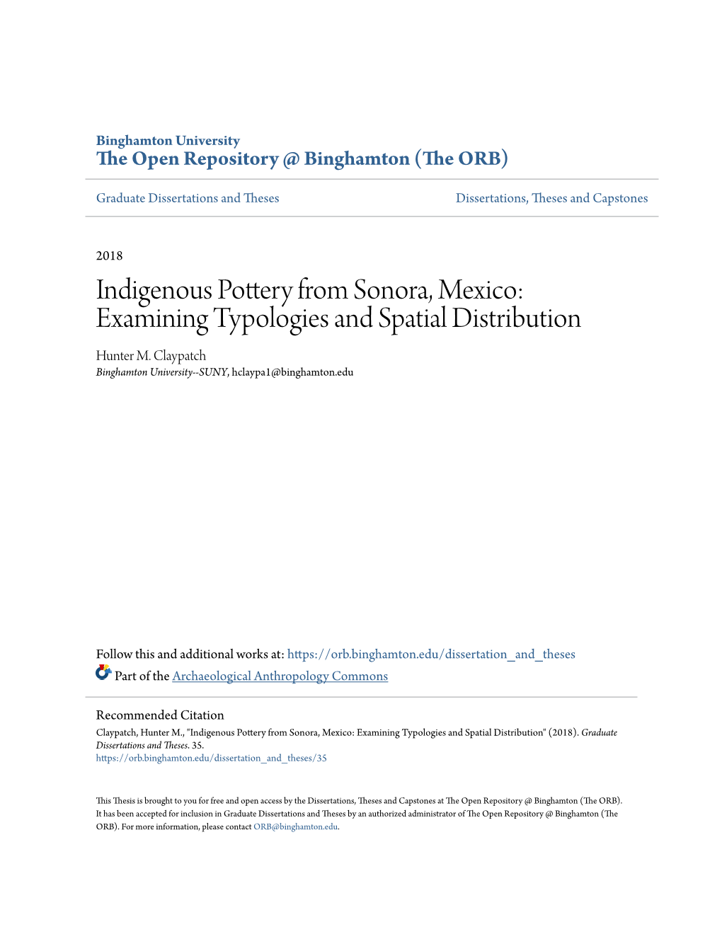 Indigenous Pottery from Sonora, Mexico: Examining Typologies and Spatial Distribution Hunter M