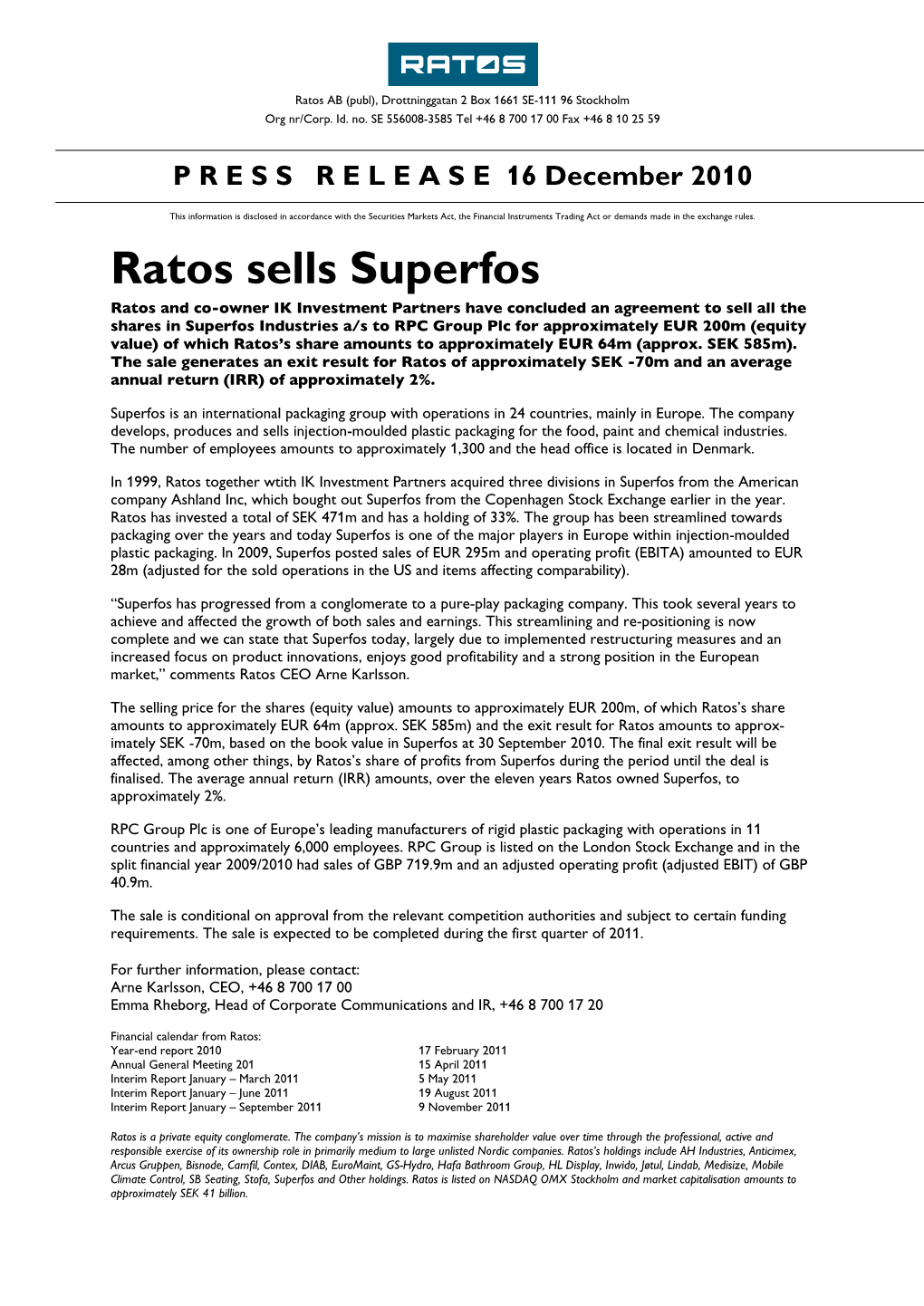 Ratos Sells Superfos