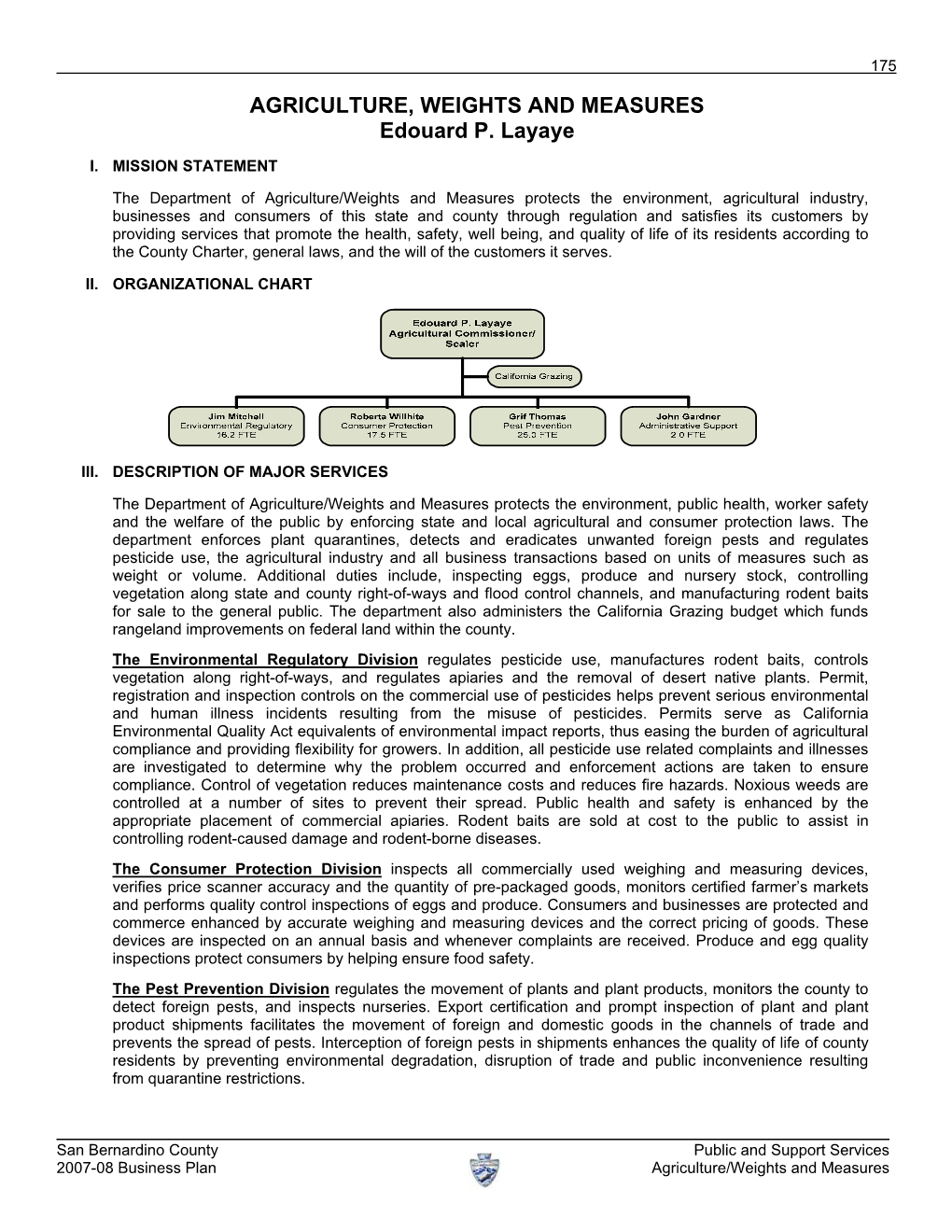 Public and Support Services 2007-08 Business Plan Agriculture/Weights and Measures 176