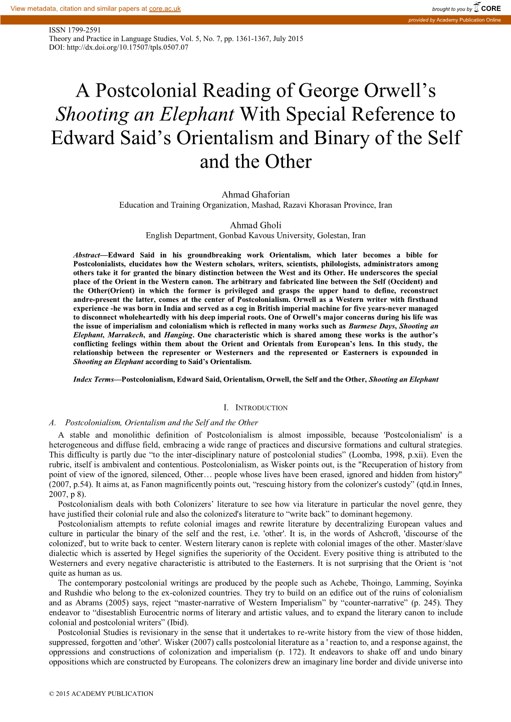 A Postcolonial Reading of George Orwell's Shooting an Elephant with Special Reference to Edward Said's Orientalism and Binar