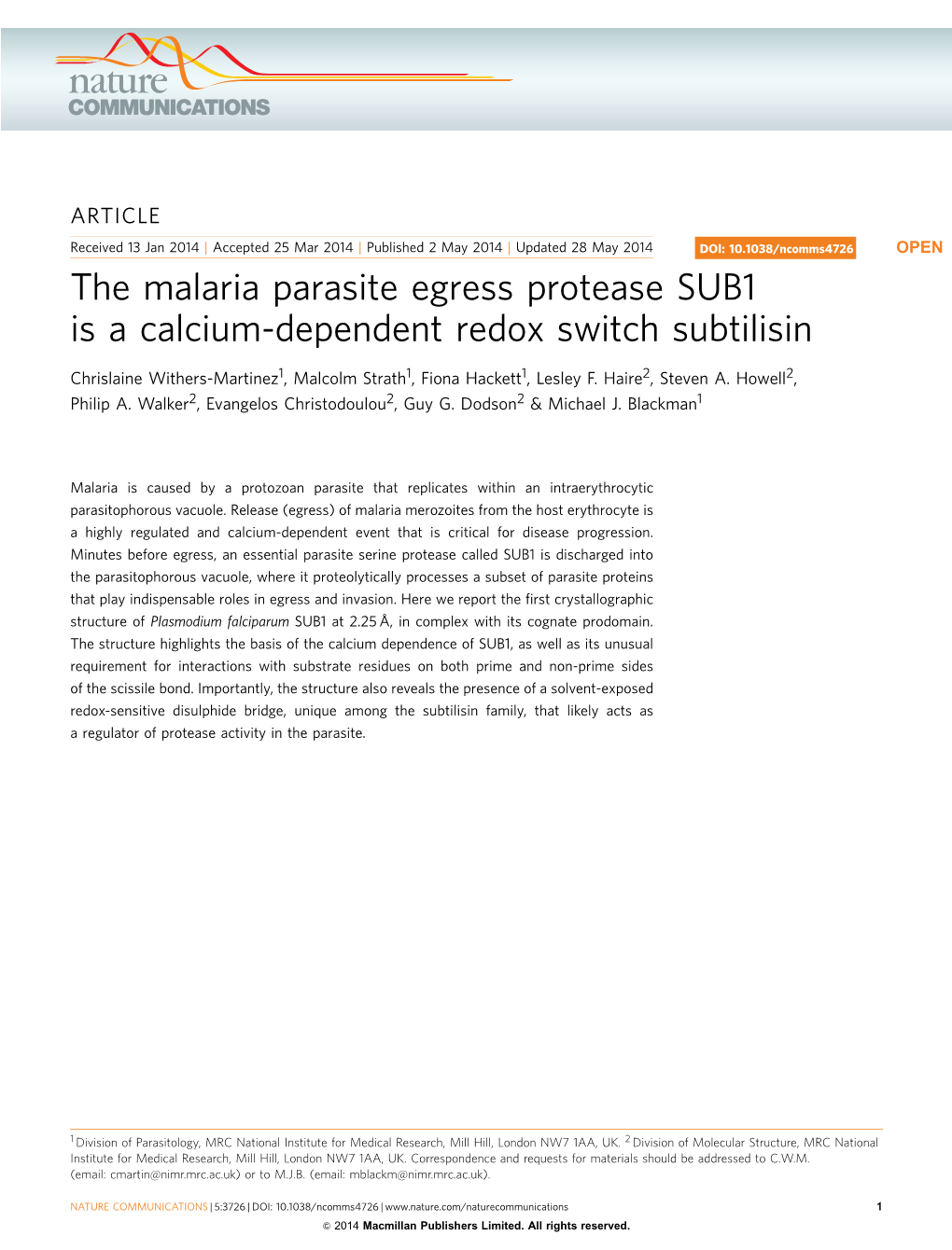 The Malaria Parasite Egress Protease SUB1 Is a Calcium-Dependent Redox Switch Subtilisin