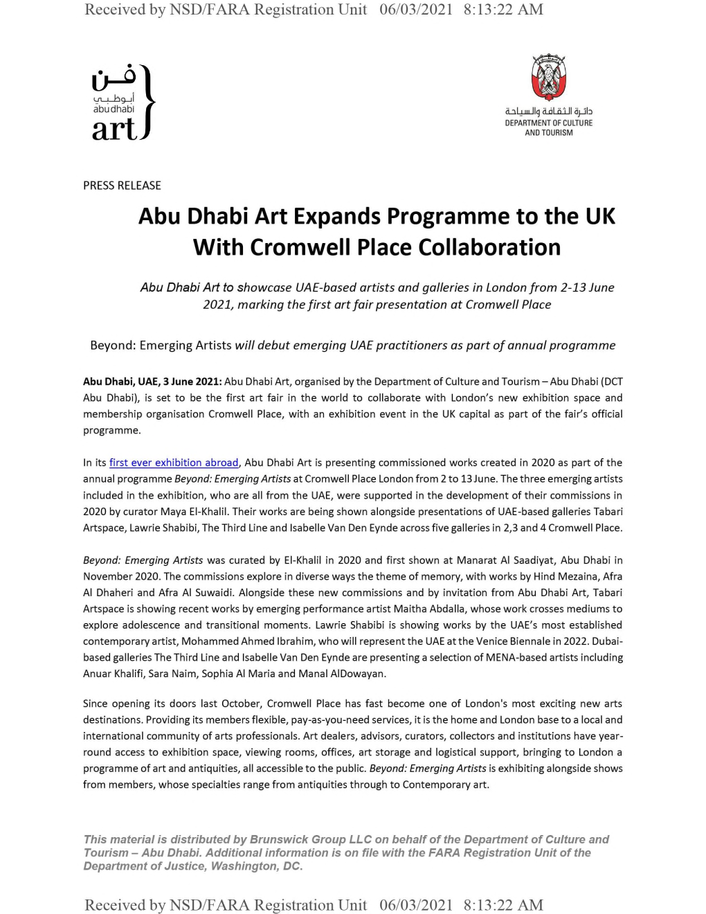 Abu Dhabi Art Expands Programme to the UK with Cromwell Place Collaboration