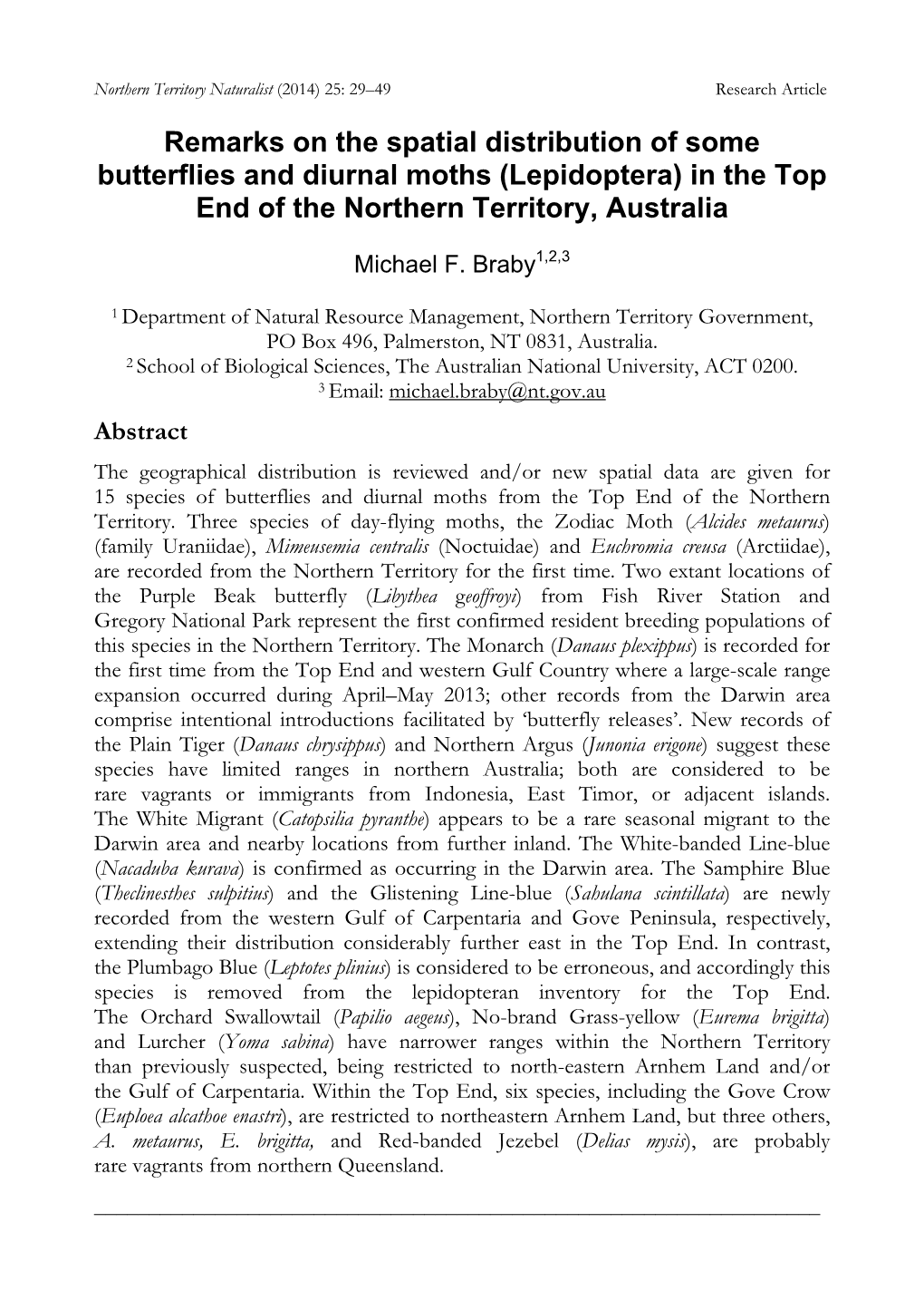 Remarks on the Spatial Distribution of Some Butterflies and Diurnal Moths (Lepidoptera) in the Top End of the Northern Territory, Australia