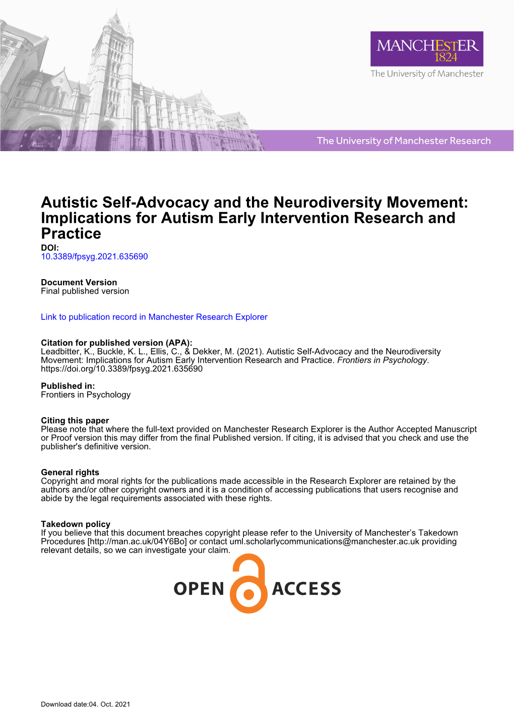 Autistic Self-Advocacy and the Neurodiversity Movement: Implications for Autism Early Intervention Research and Practice DOI: 10.3389/Fpsyg.2021.635690