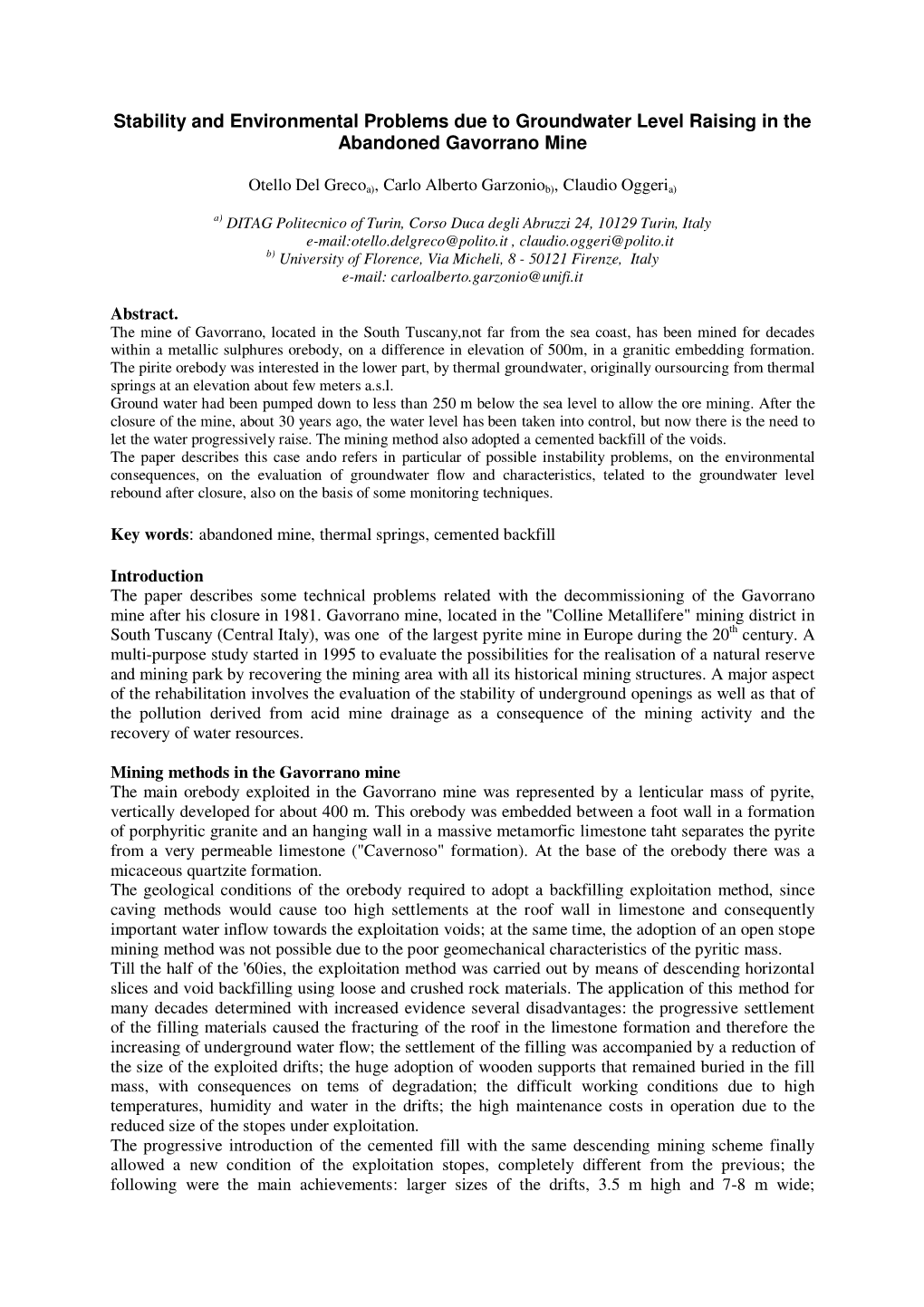 Stability and Environmental Problems Due to Groundwater Level Raising in the Abandoned Gavorrano Mine