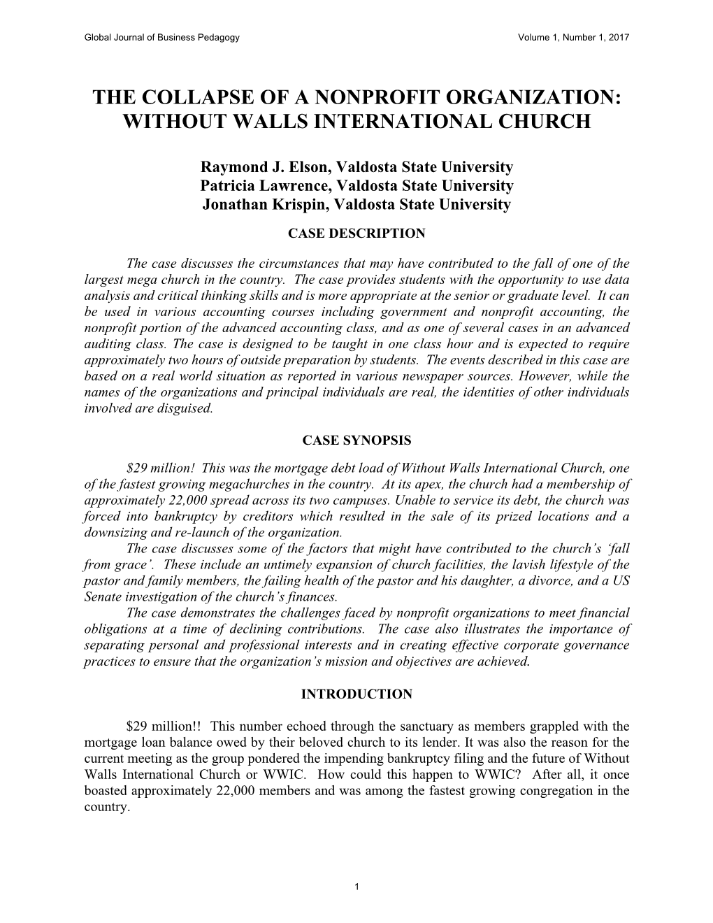 The Collapse of a Nonprofit Organization: Without Walls International Church