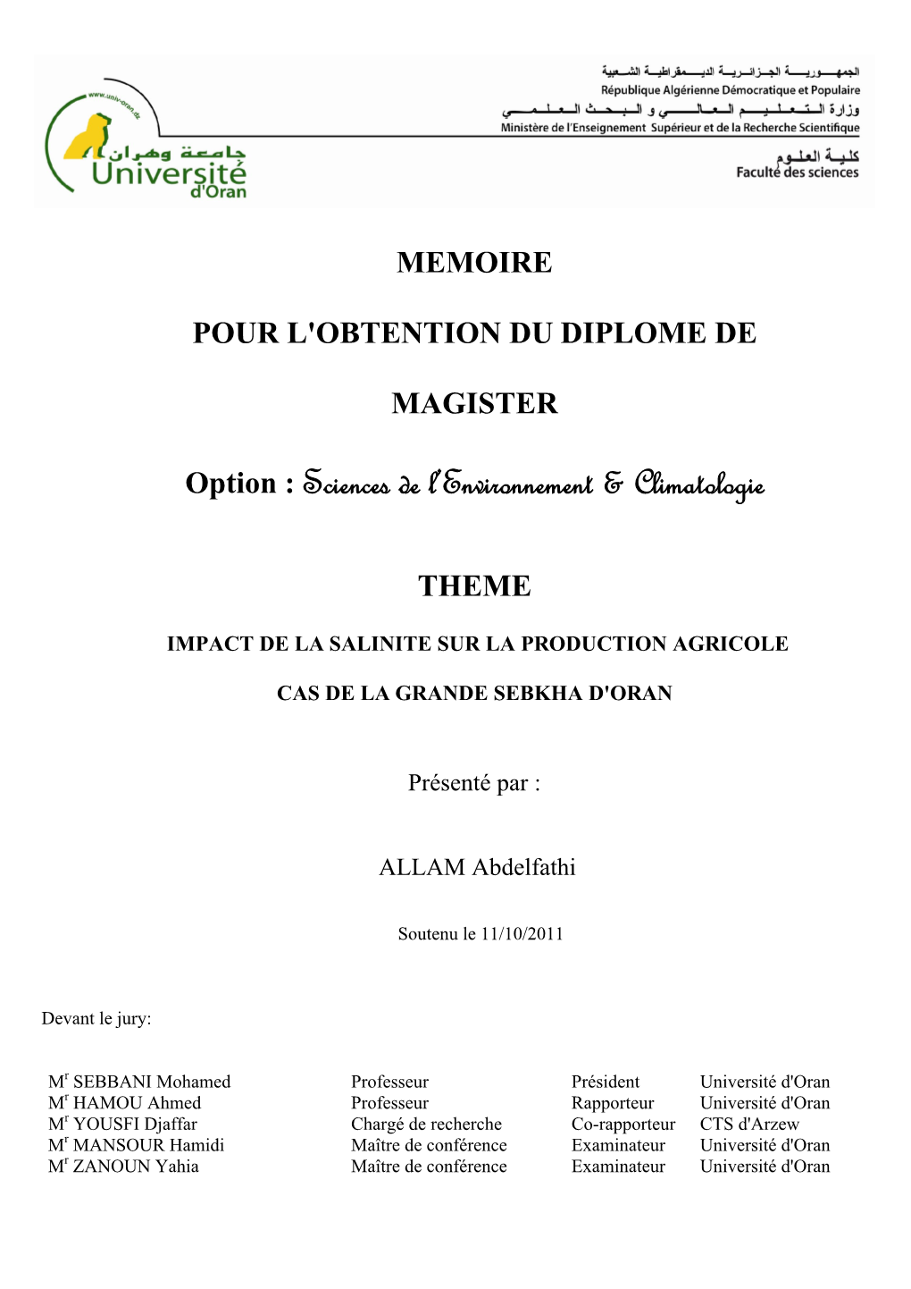 Option : Sciences De L'environnement & Climatologie