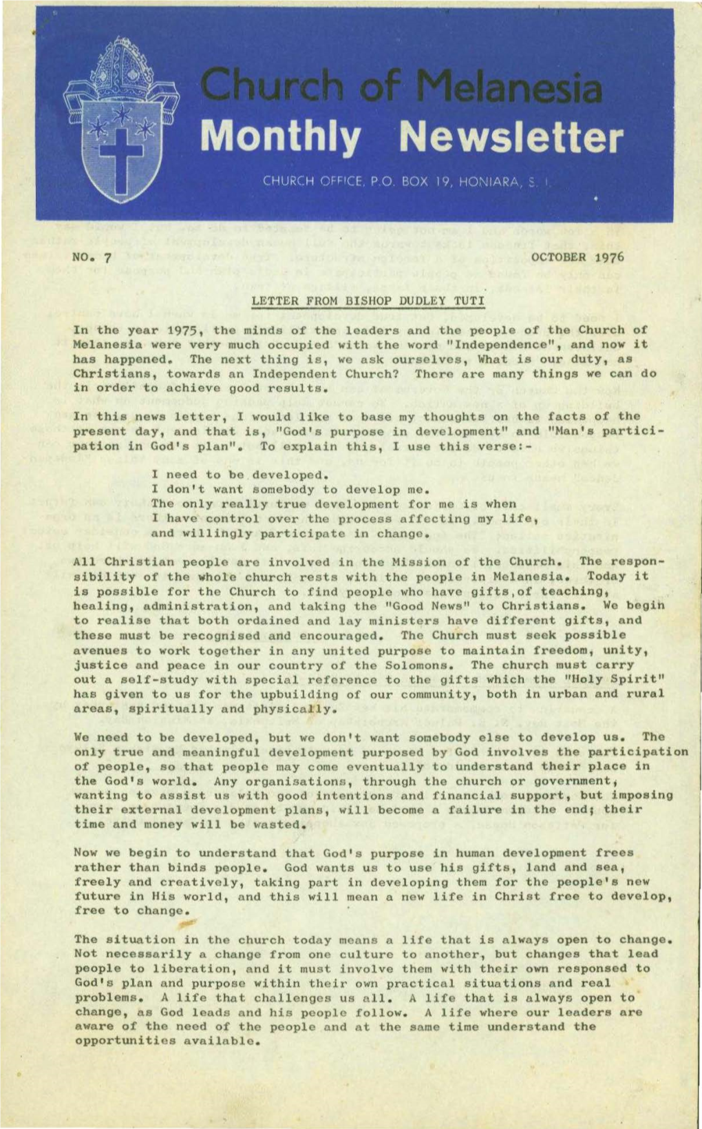 NO. 7 OCTOBER 1976 LETTER from BISHOP DUDLEY TUTI In