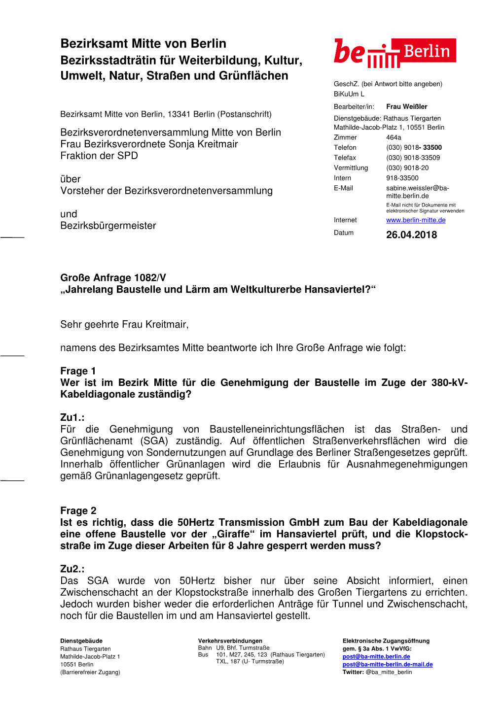 Bezirksamt Mitte Von Berlin Bezirksstadträtin Für Weiterbildung, Kultur, Umwelt, Natur, Straßen Und Grünflächen Geschz