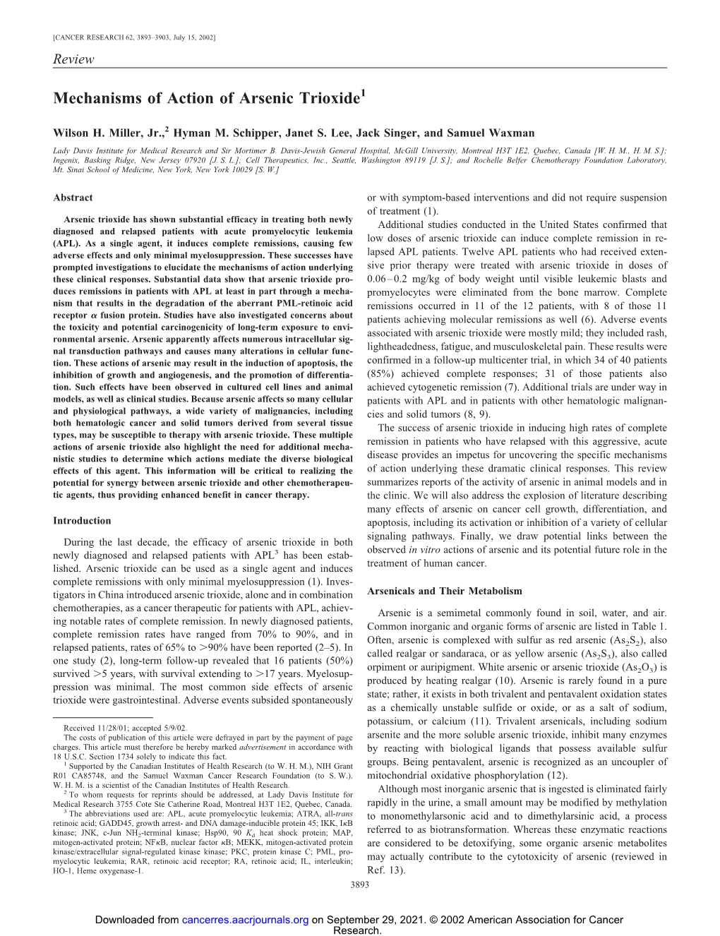 Mechanisms of Action of Arsenic Trioxide1