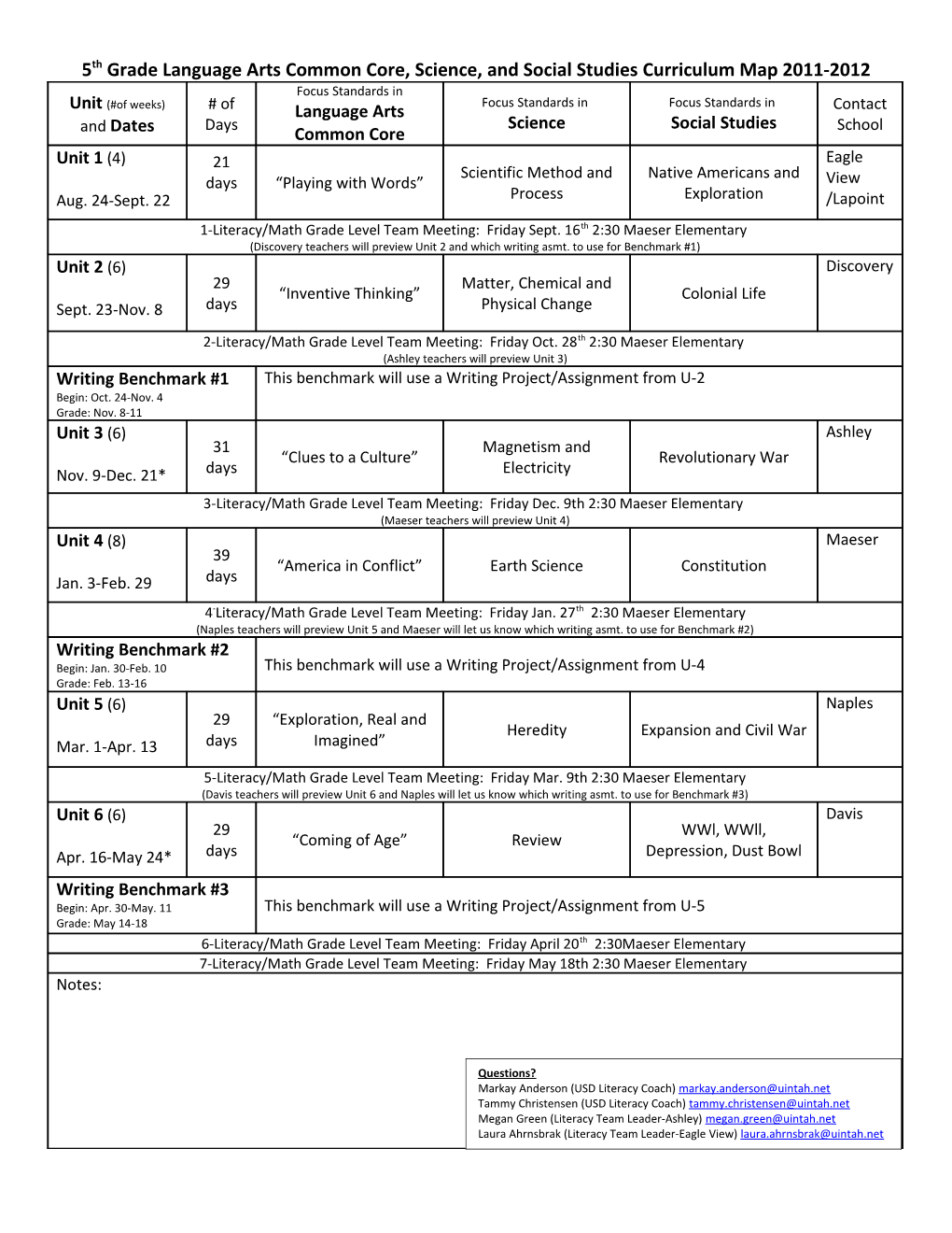 5Th Grade Language Arts Common Core, Science, and Social Studies Curriculum Map 2011-2012