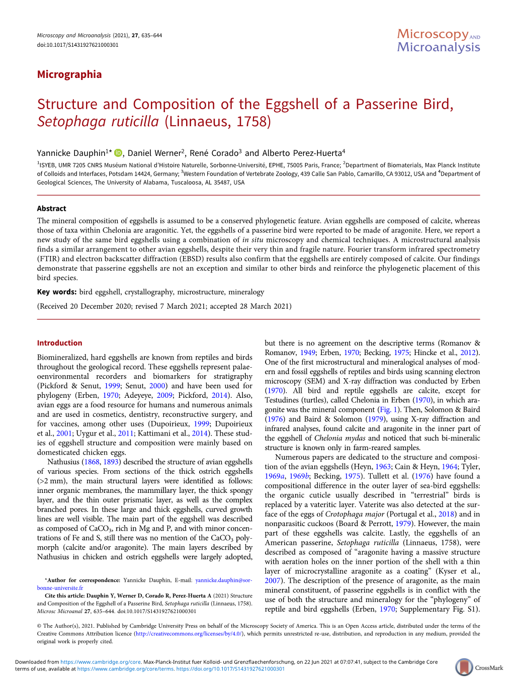 Structure and Composition of the Eggshell of a Passerine Bird, Setophaga Ruticilla (Linnaeus, 1758)