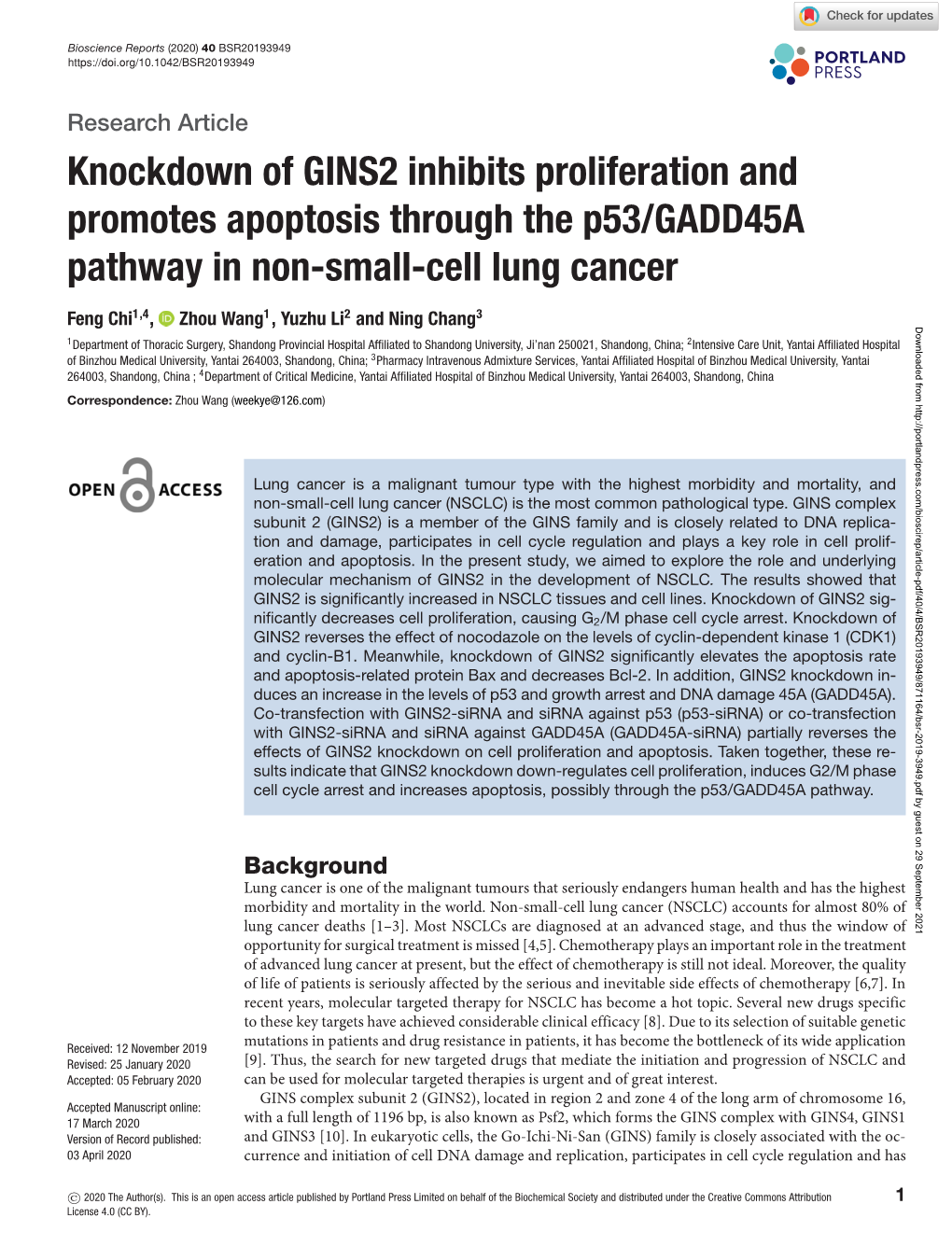 Knockdown of GINS2 Inhibits Proliferation and Promotes Apoptosis Through the P53/GADD45A Pathway in Non-Small-Cell Lung Cancer