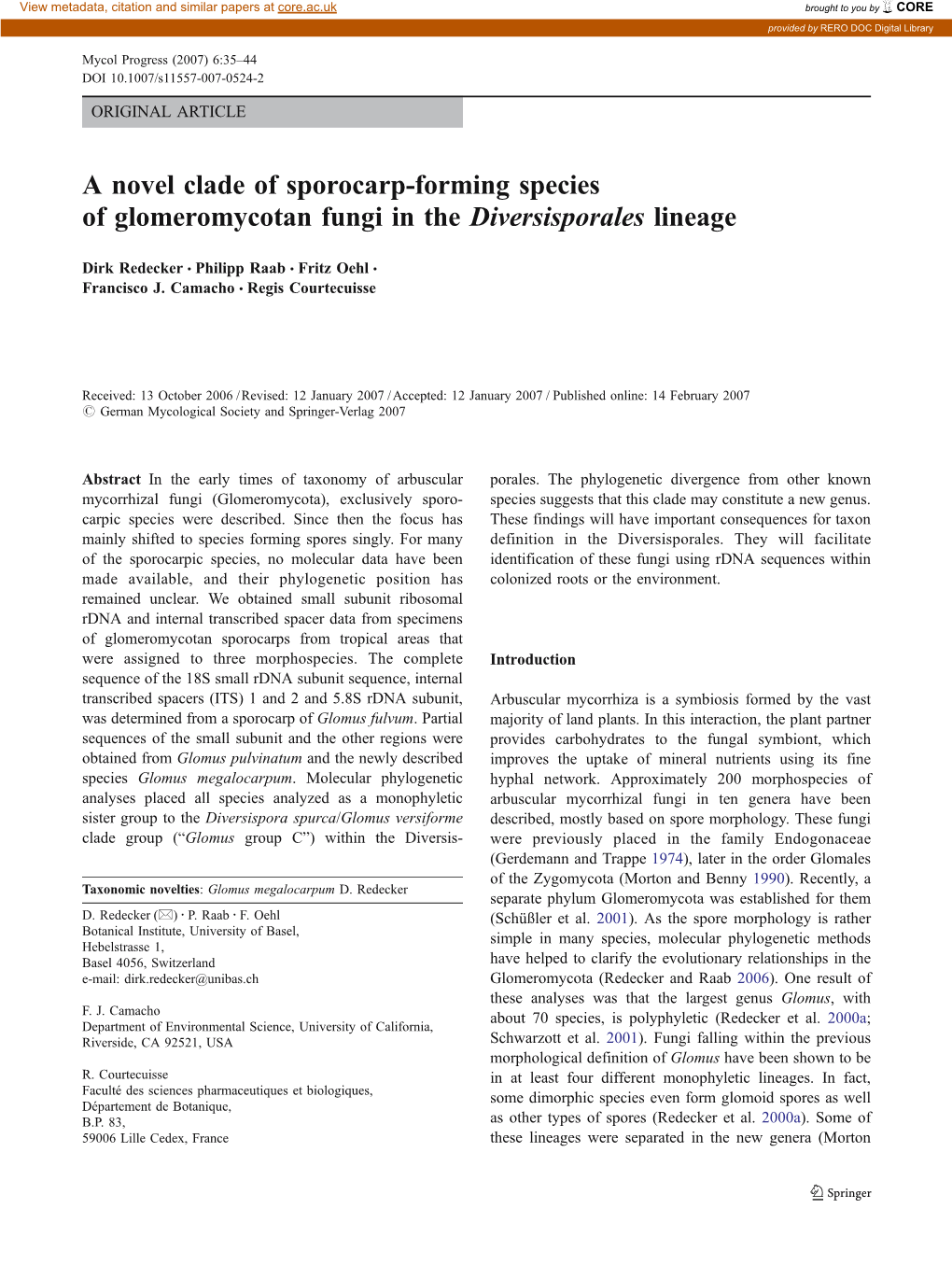 A Novel Clade of Sporocarp-Forming Species of Glomeromycotan Fungi in the Diversisporales Lineage