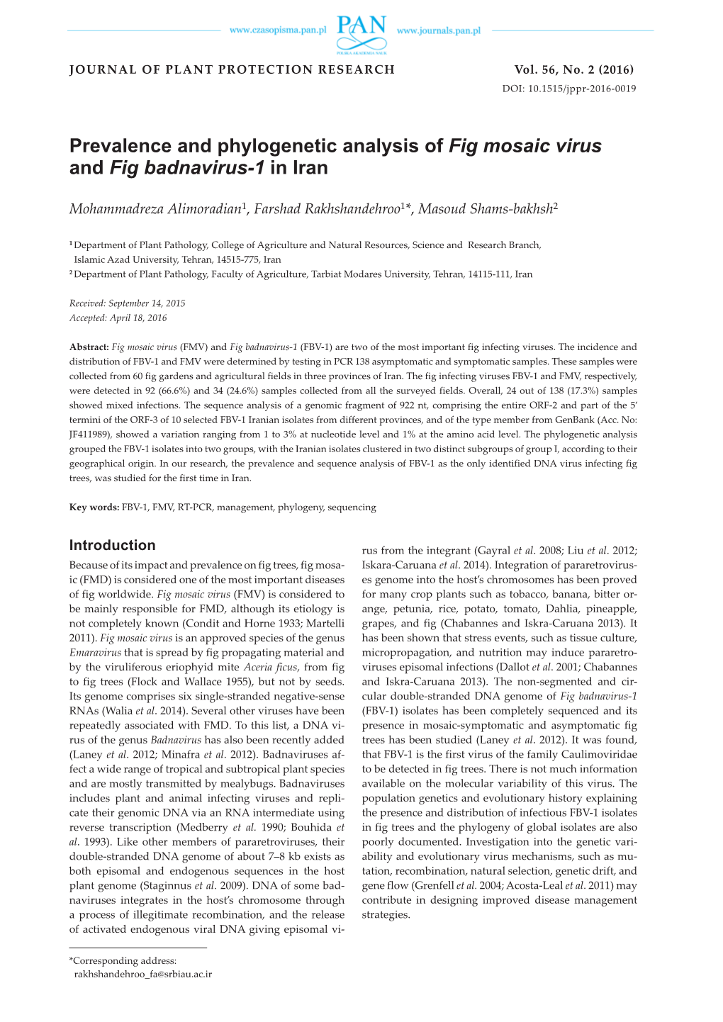 Prevalence and Phylogenetic Analysis of Fig Mosaic Virus and Fig Badnavirus-1 in Iran