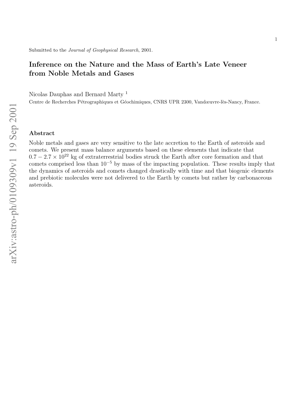 Arxiv:Astro-Ph/0109309V1 19 Sep 2001