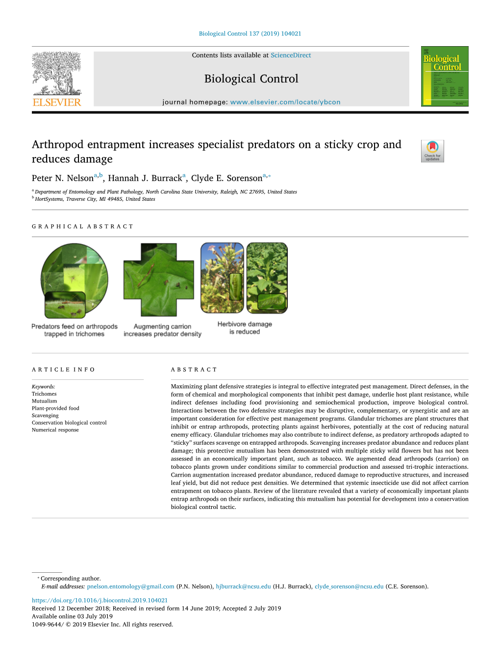 Arthropod Entrapment Increases Specialist Predators on a Sticky Crop and T Reduces Damage ⁎ Peter N