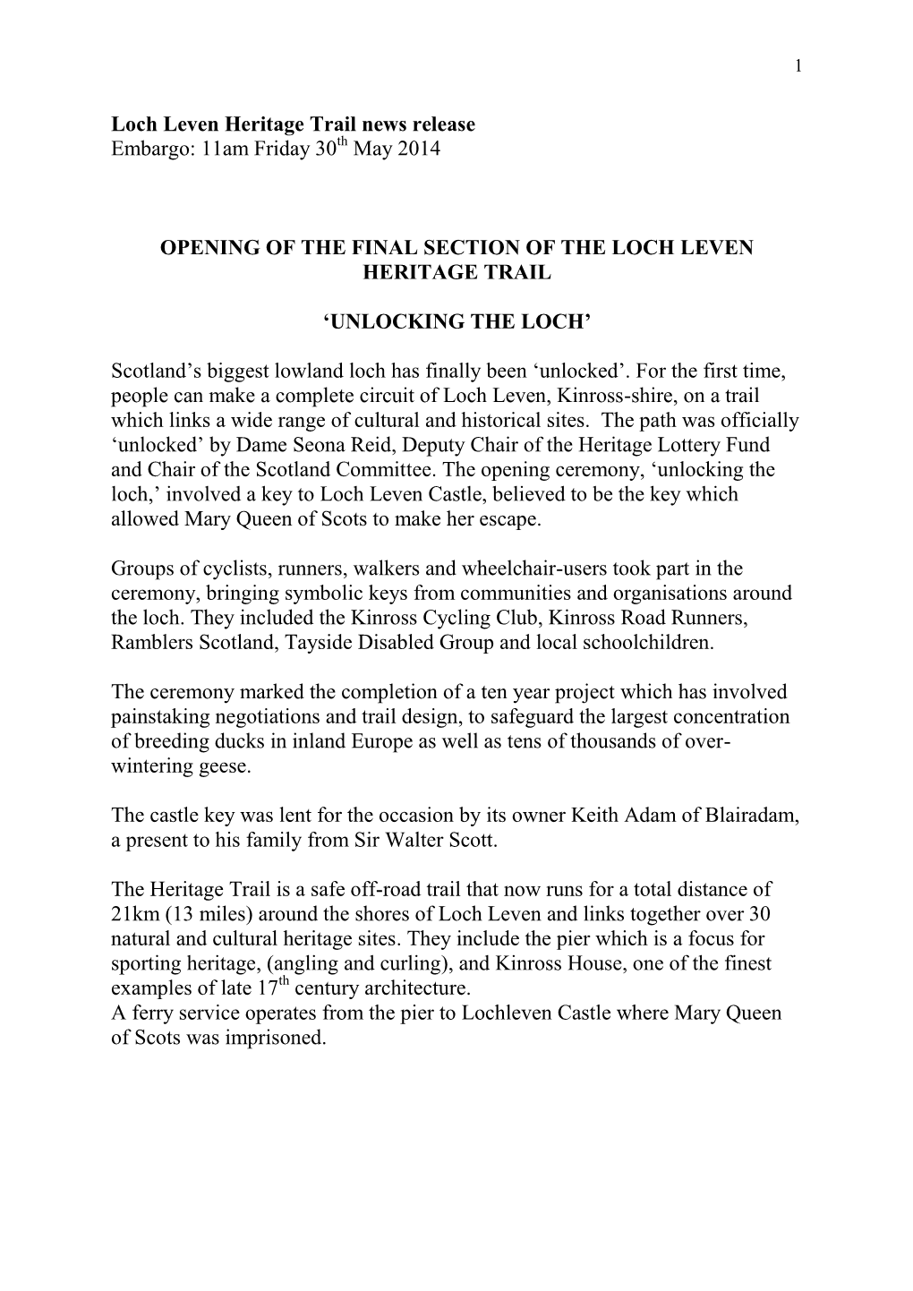 Loch Leven Heritage Trail News Release Embargo: 11Am Friday 30Th May 2014