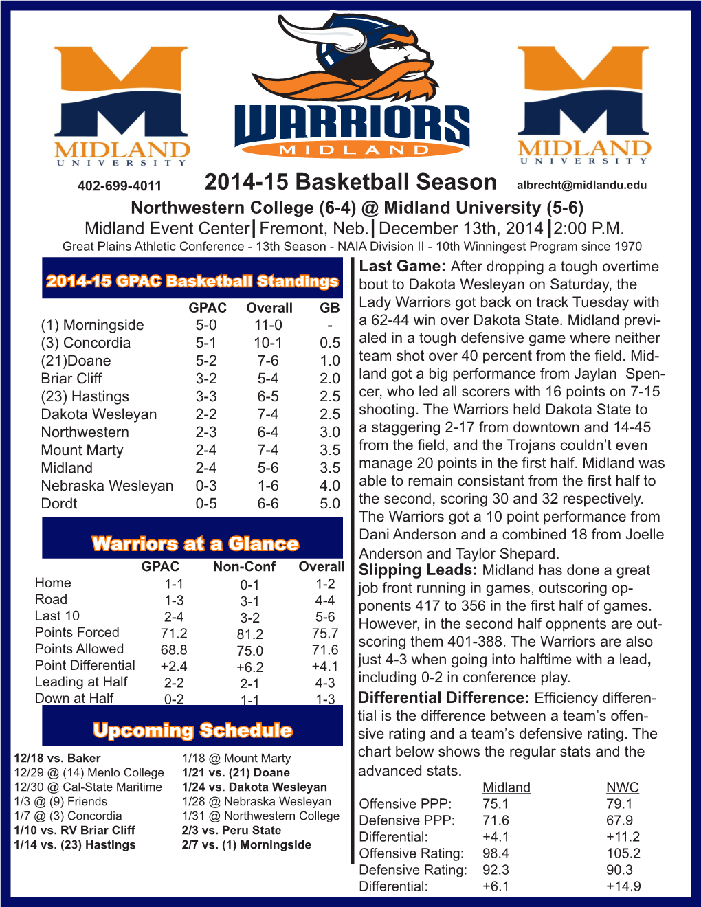 2014-15 Basketball Season Albrecht@Midlandu.Edu Northwestern College (6-4) @ Midland University (5-6) Midland Event Center Fremont, Neb