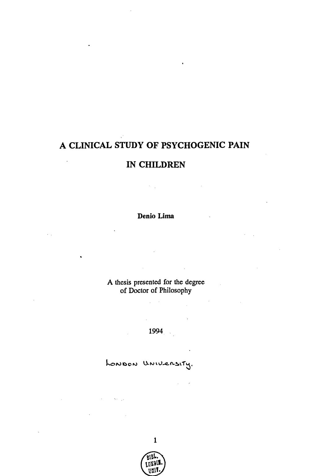A Clinical Study of Psychogenic Pain in Children