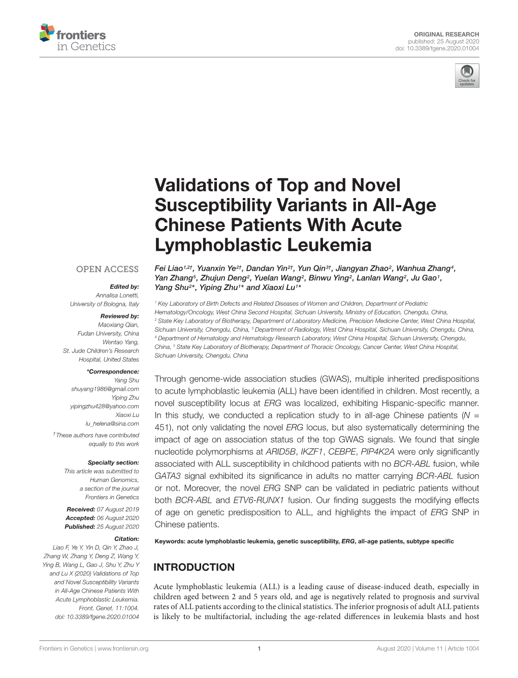 Validations of Top and Novel Susceptibility Variants in All-Age Chinese Patients with Acute Lymphoblastic Leukemia