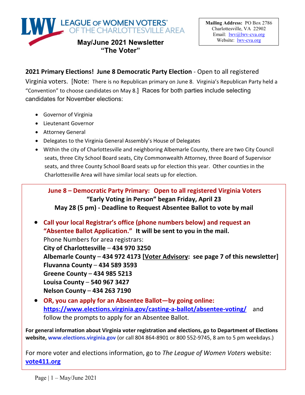 May/June 2021 Newsletter “The Voter” June 8 – Democratic Party