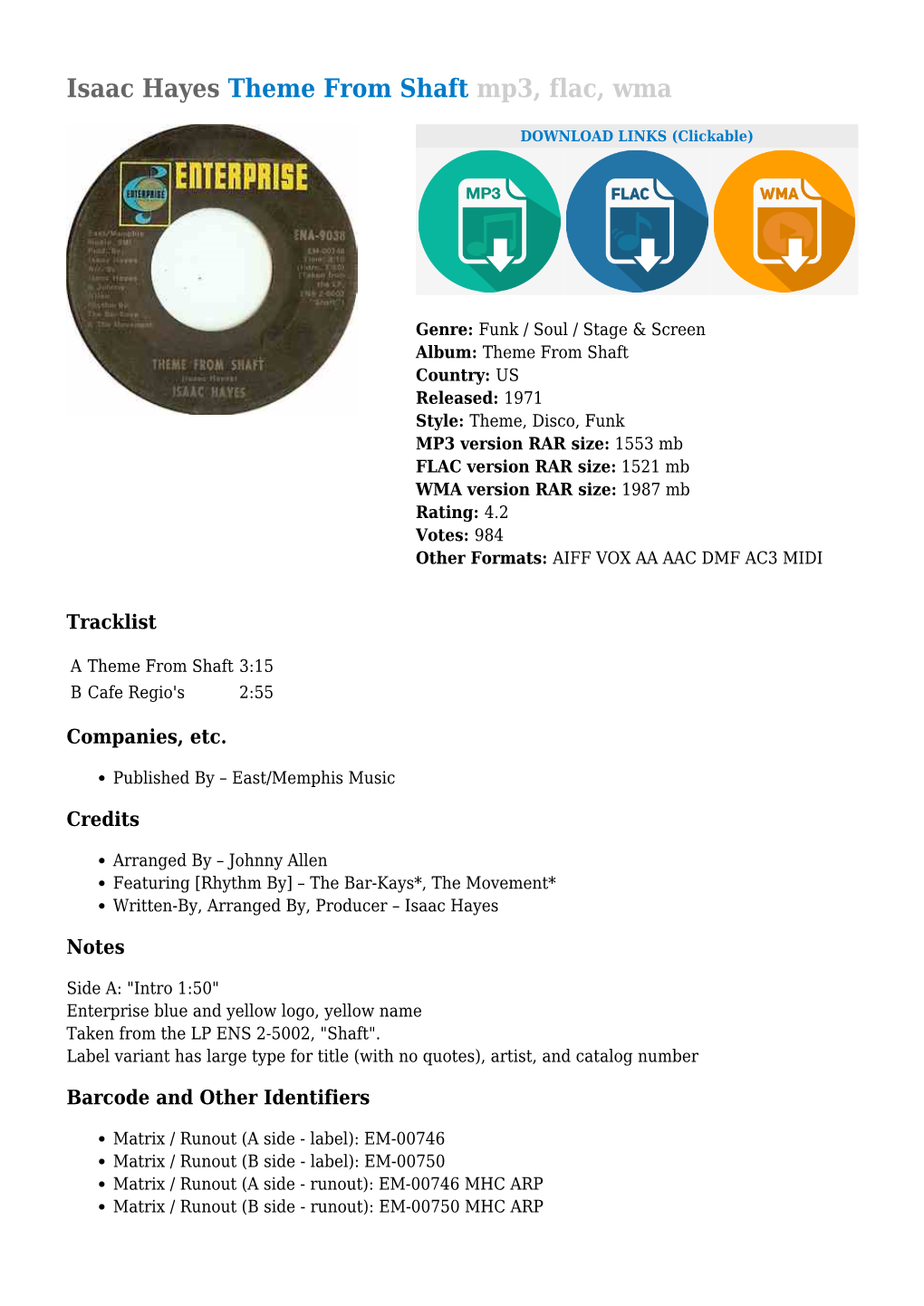 Isaac Hayes Theme from Shaft Mp3, Flac, Wma