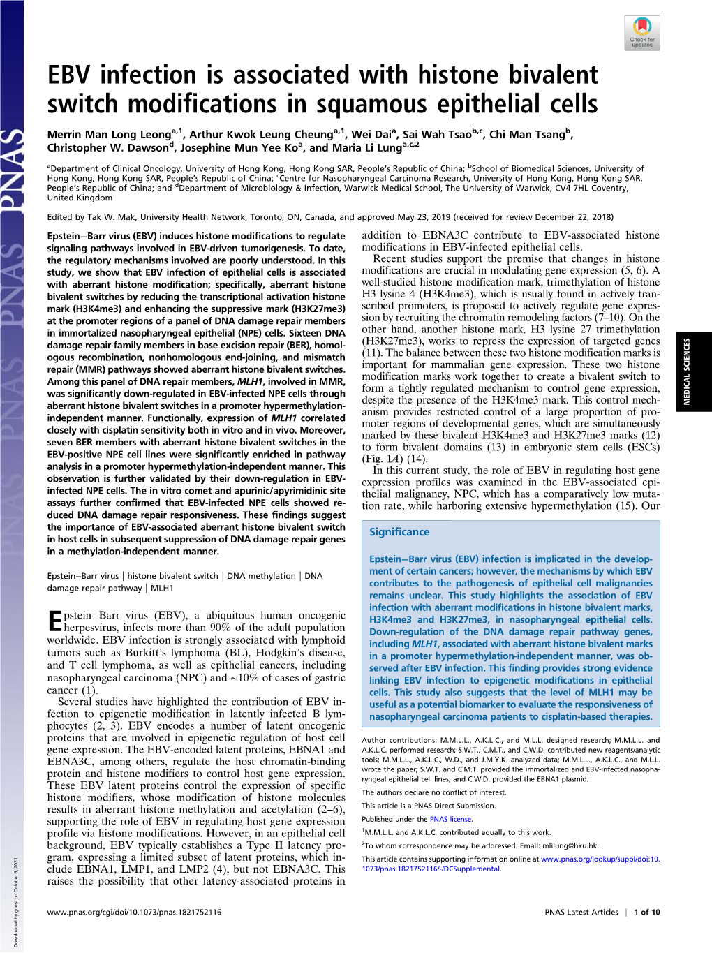 EBV Infection Is Associated with Histone Bivalent Switch Modifications in Squamous Epithelial Cells