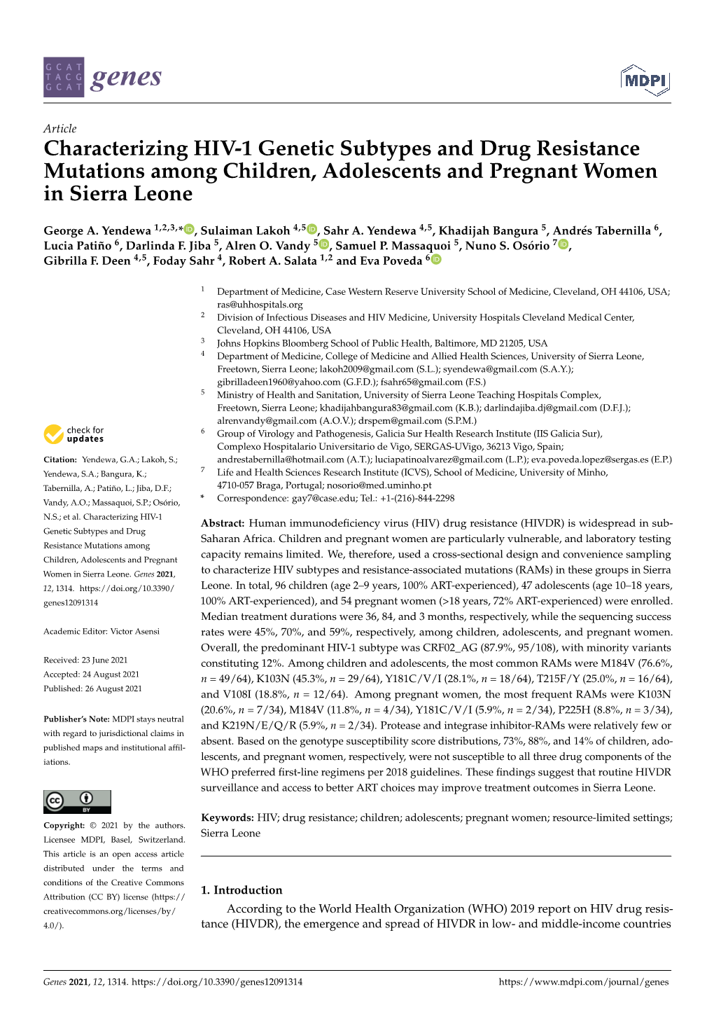 Characterizing HIV-1 Genetic Subtypes and Drug Resistance Mutations Among Children, Adolescents and Pregnant Women in Sierra Leone