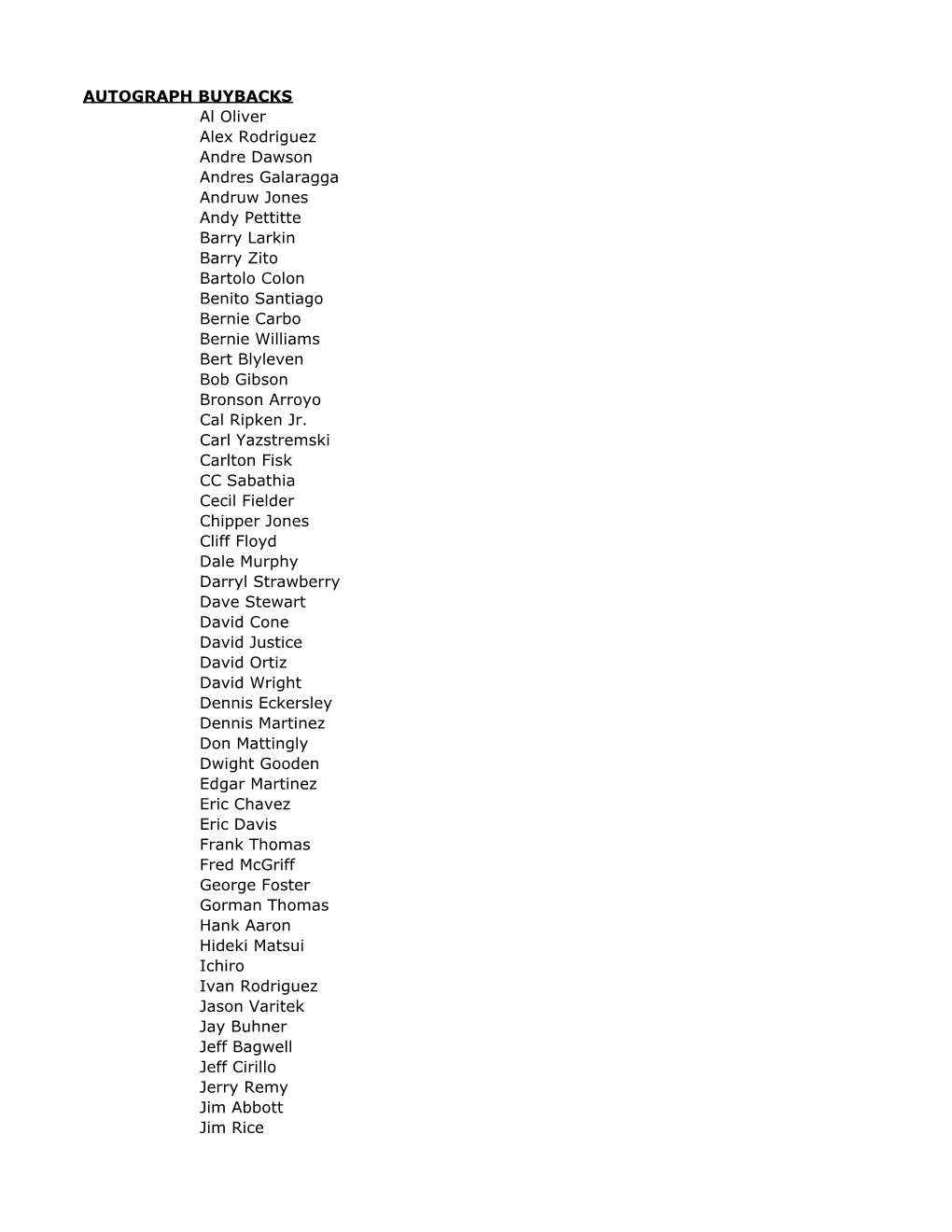 AUTOGRAPH BUYBACKS Al Oliver Alex Rodriguez Andre Dawson Andres Galaragga Andruw Jones Andy Pettitte Barry Larkin Barry Zito
