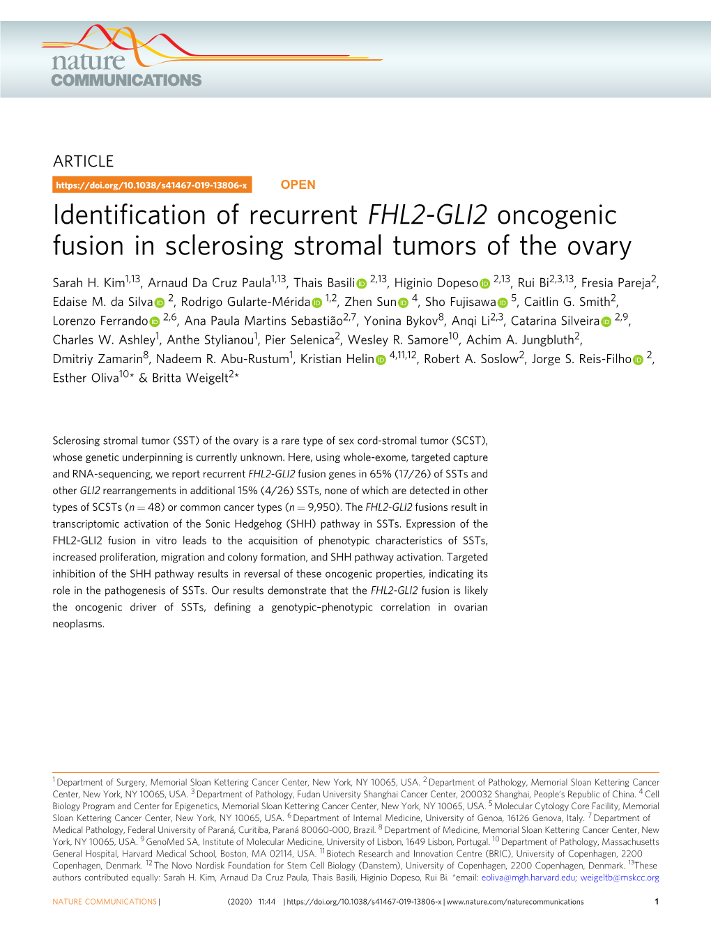 Identification of Recurrent FHL2-GLI2 Oncogenic Fusion in Sclerosing Stromal Tumors of the Ovary