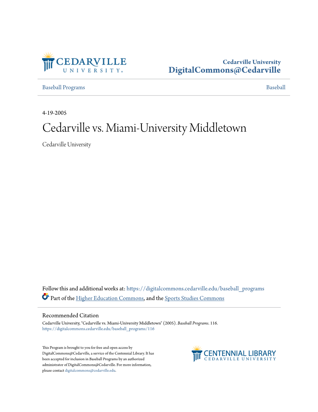Cedarville Vs. Miami-University Middletown Cedarville University