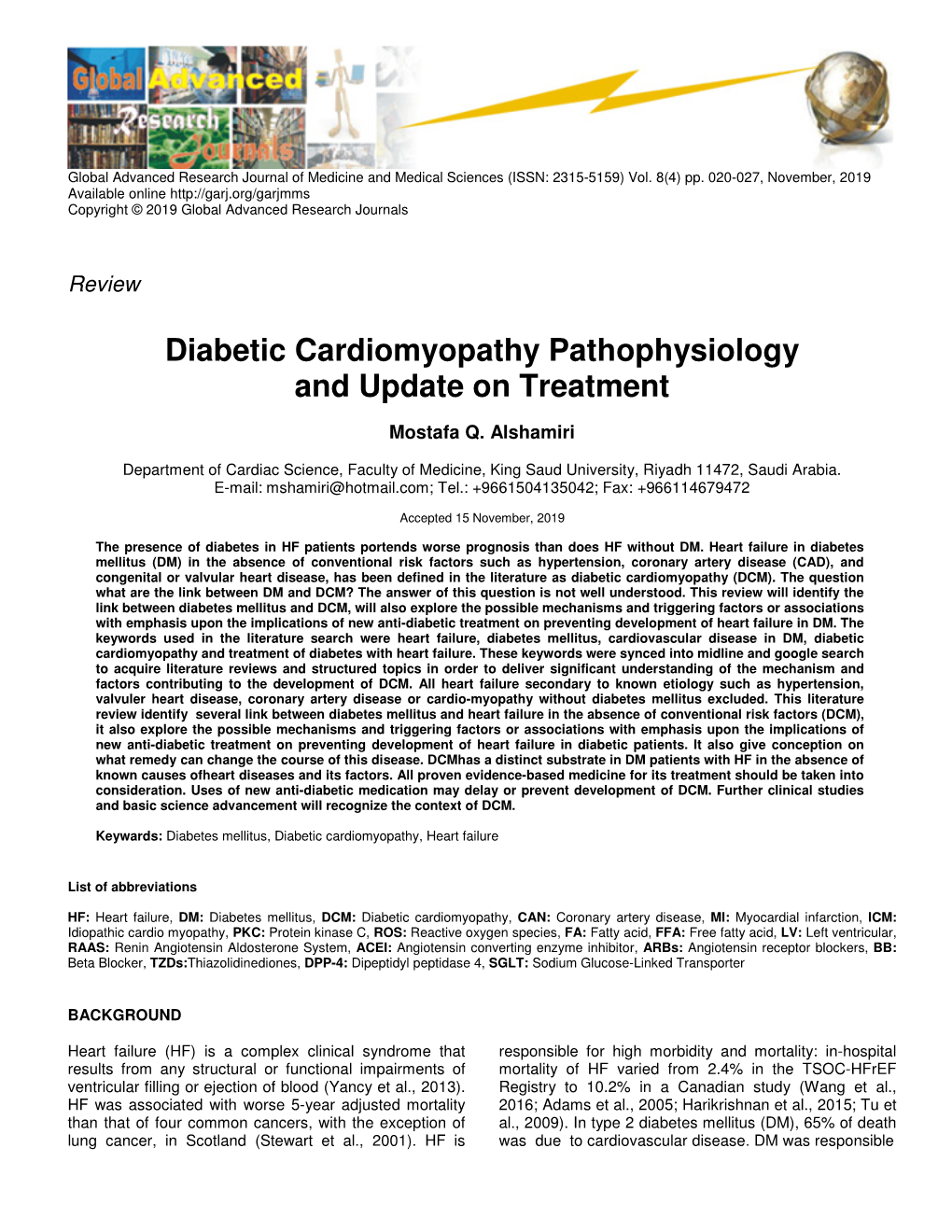 Diabetic Cardiomyopathy Pathophysiology and Update on Treatment