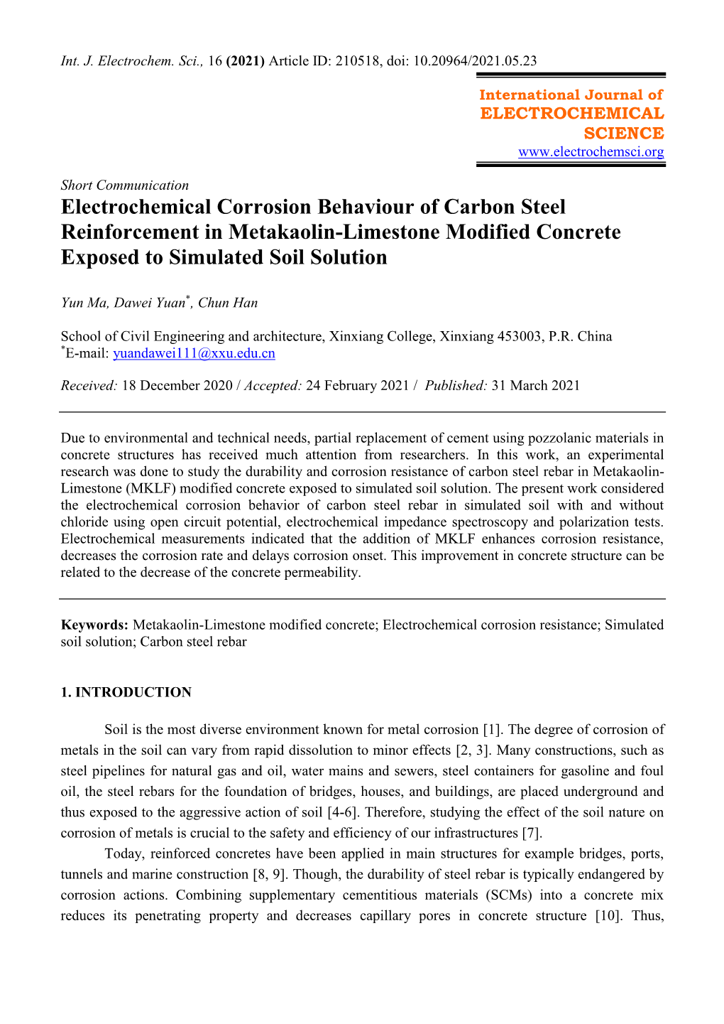 Electrochemical Corrosion Behaviour of Carbon Steel Reinforcement in Metakaolin-Limestone Modified Concrete Exposed to Simulated Soil Solution
