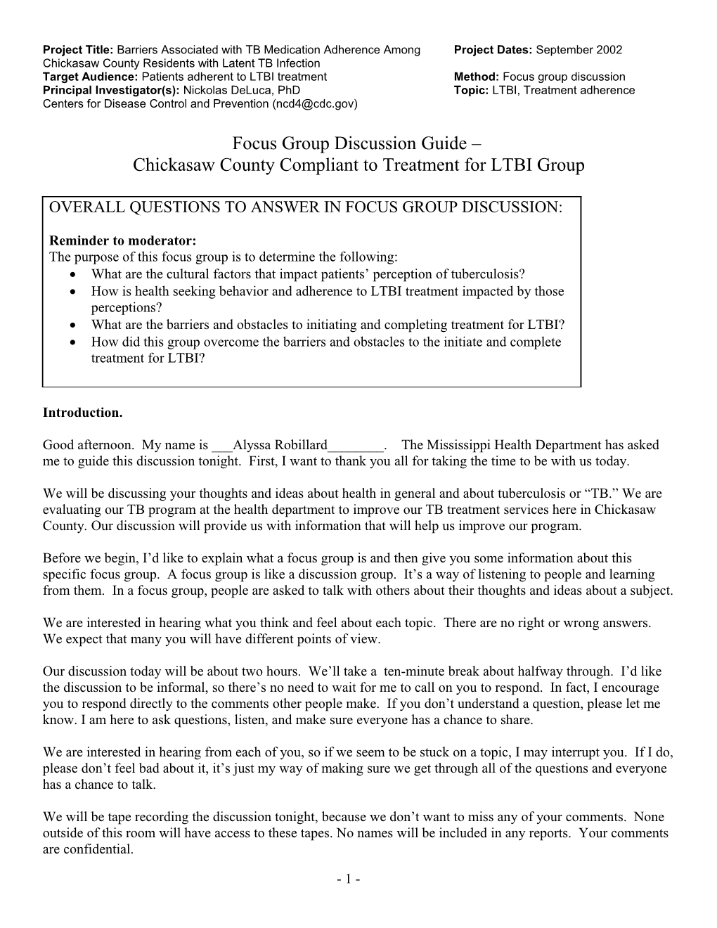 Focus Group Discussion Guide for Patients