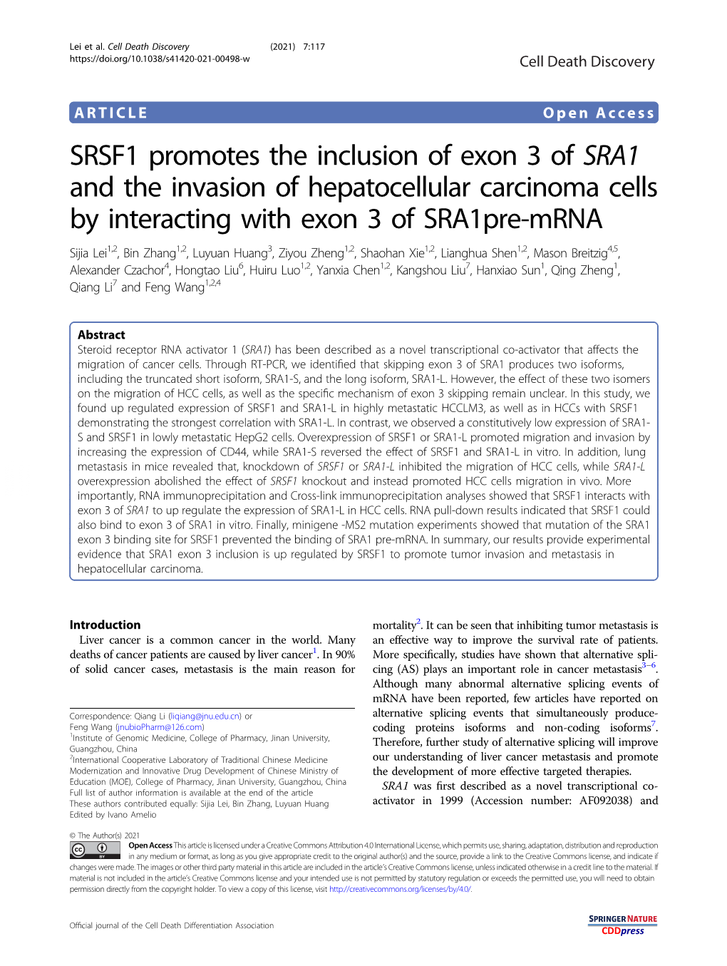 SRSF1 Promotes the Inclusion of Exon 3 of SRA1 and the Invasion Of