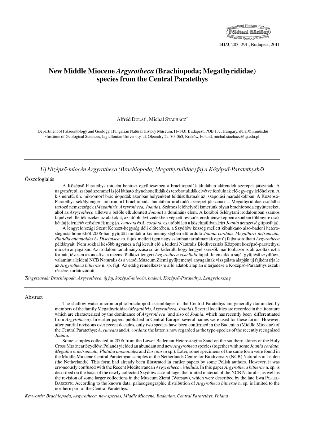 New Middle Miocene Argyrotheca (Brachiopoda; Megathyrididae) Species from the Central Paratethys