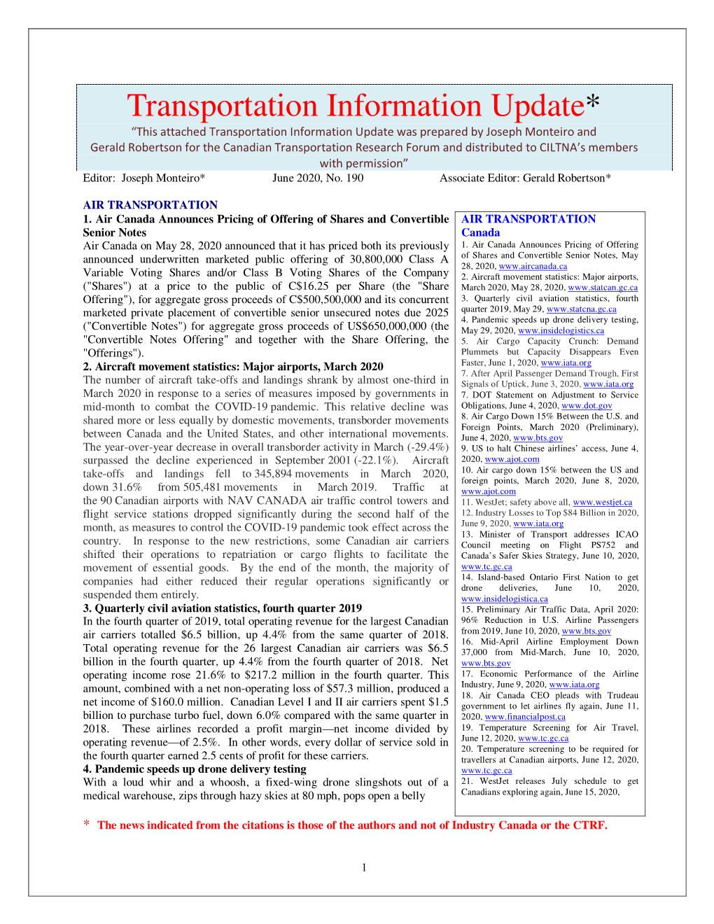 Transportation Information Update, June 2020