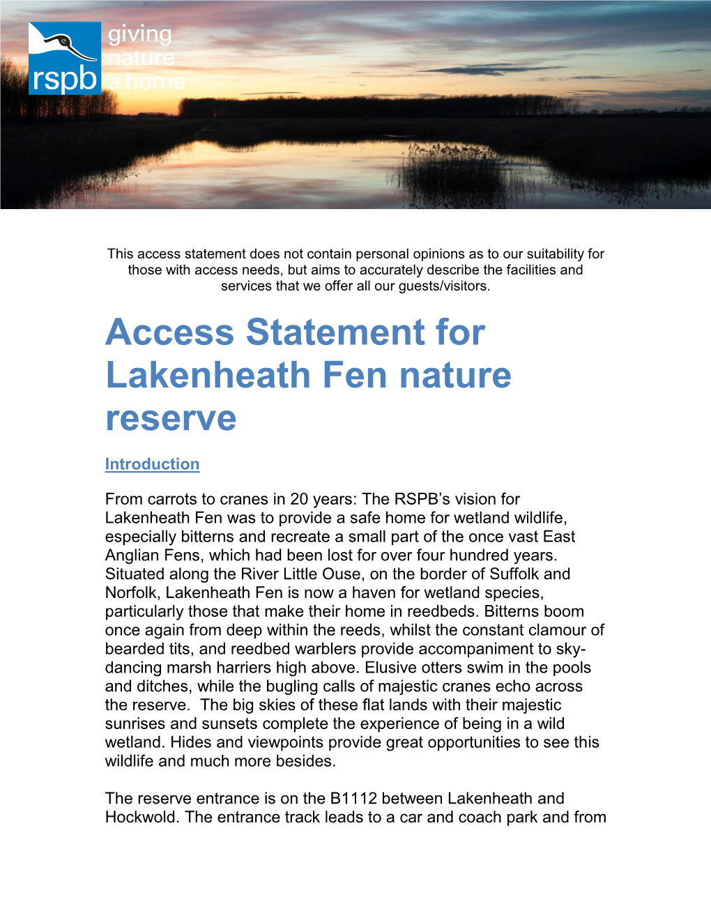 Access Statement for Lakenheath Fen Nature Reserve