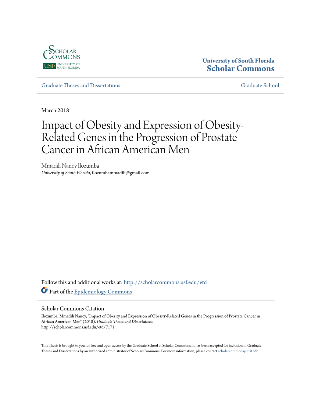 Impact of Obesity and Expression of Obesity-Related Genes in the Progression of Prostate Cancer in African American Men" (2018)