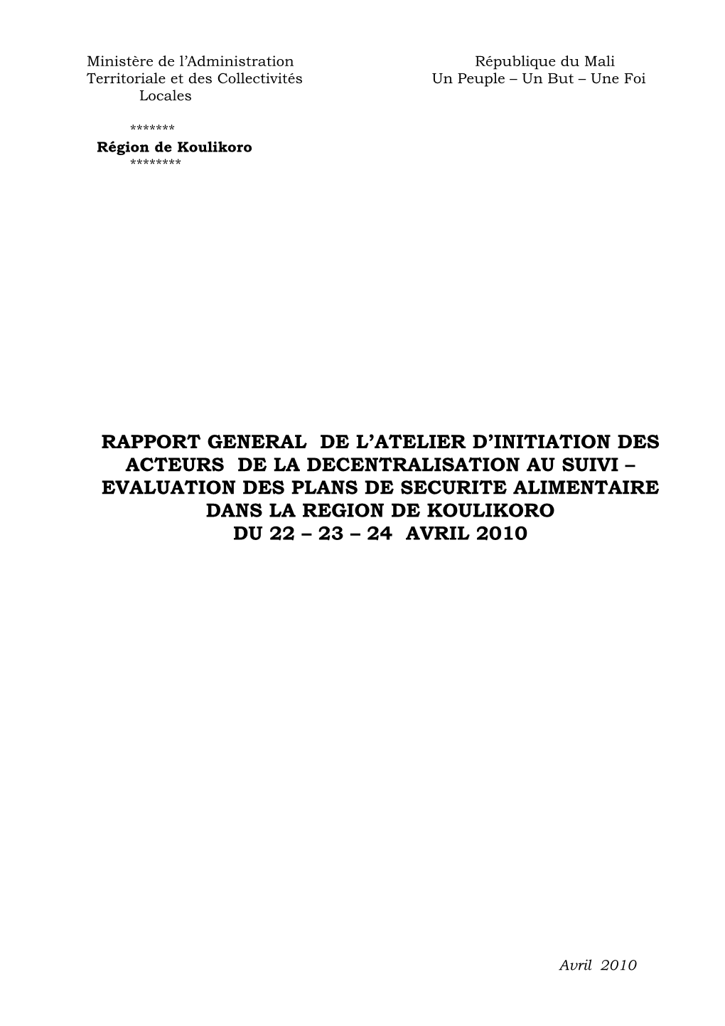Rapport General De L'atelier D'initiation Des Acteurs De