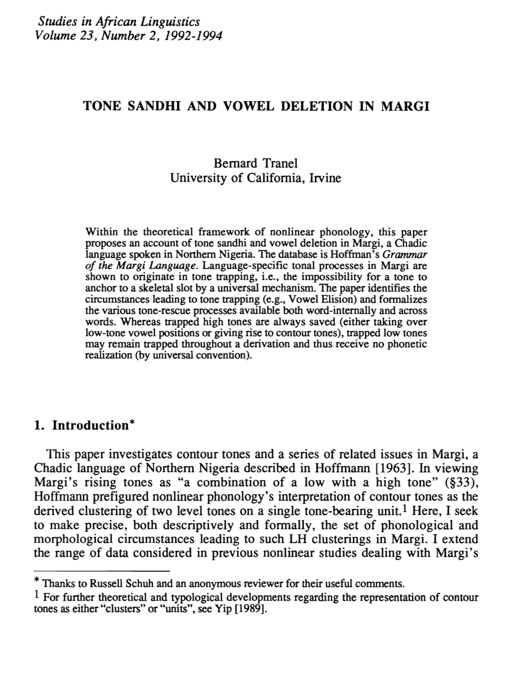 Studies in African Linguistics Volume 23, Number 2, 1992-1994 TONE