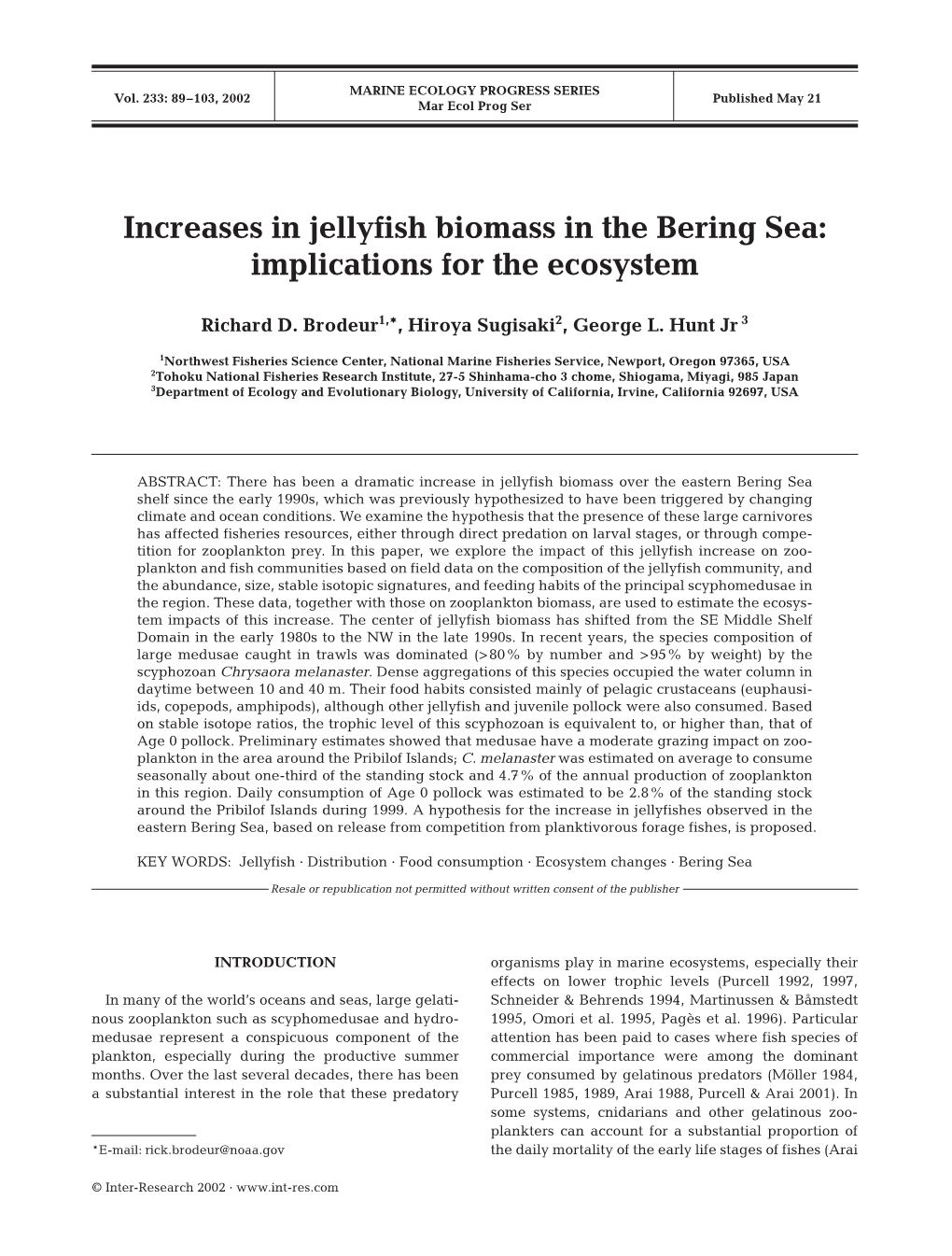 Increases in Jellyfish Biomass in the Bering Sea: Implications for the Ecosystem