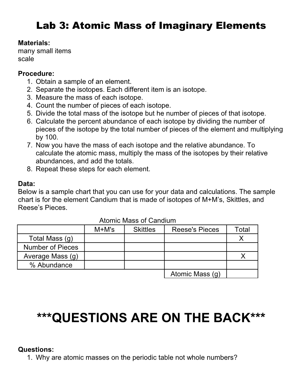 Lab 3: Atomic Mass of Imaginary Elements