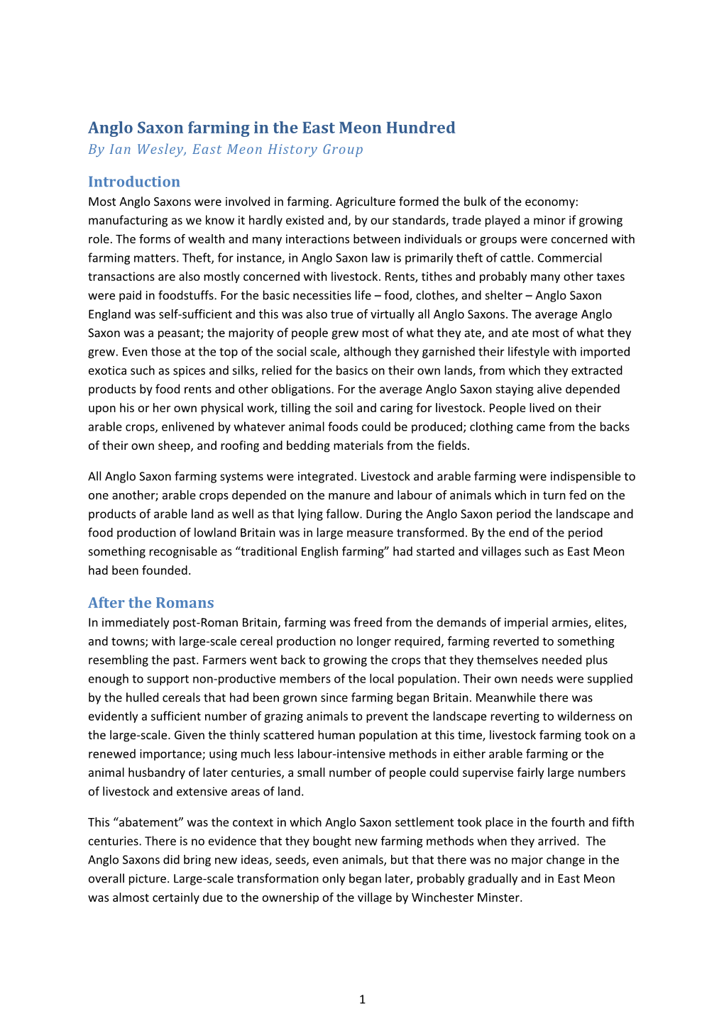 Anglo Saxon Farming in the East Meon Hundred by Ian Wesley, East Meon History Group